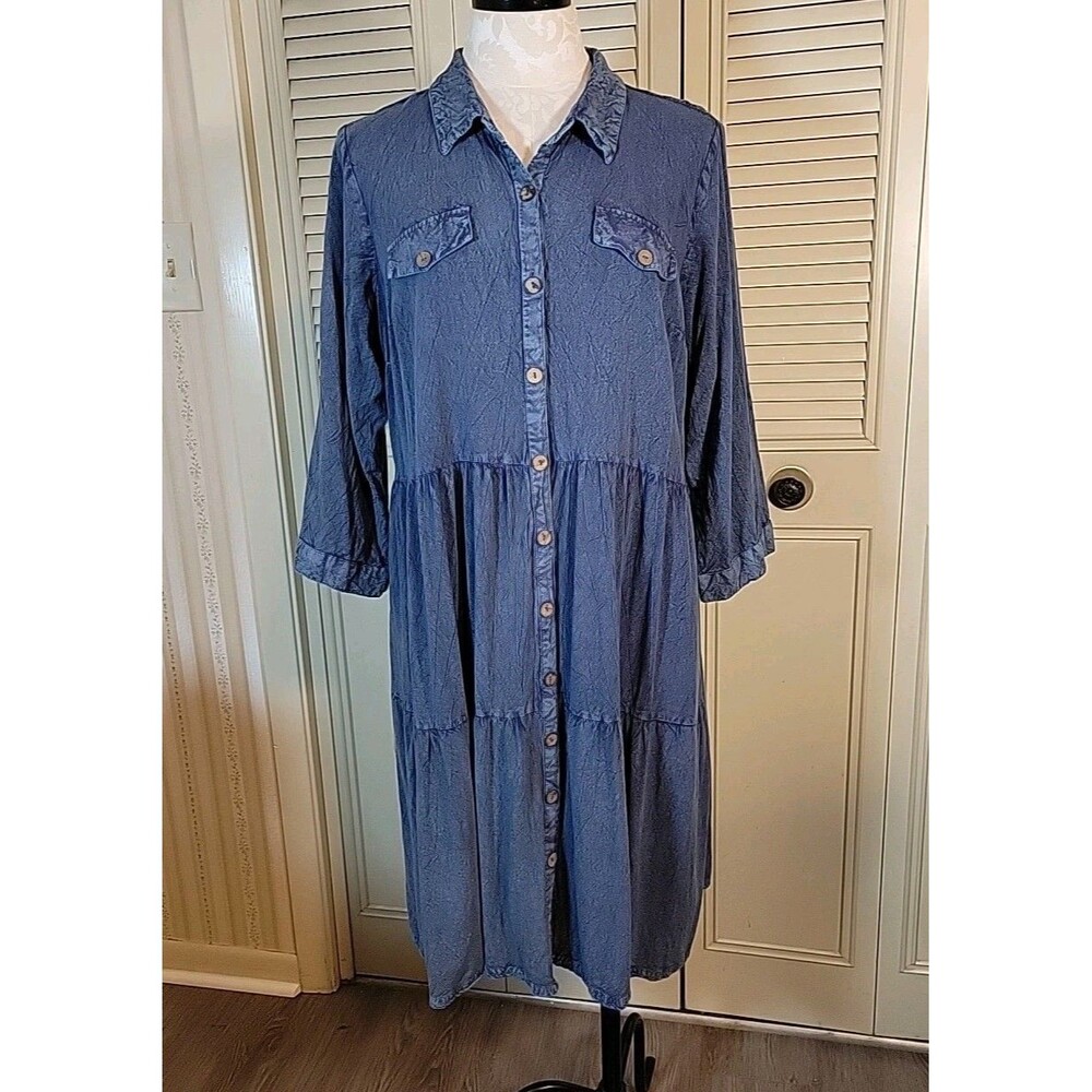 Mlle Gabrielle Chambray Dress Wmn Plus 3X Blue ¾Sleeve Button Front
